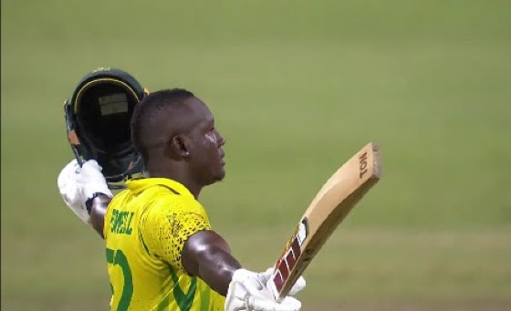 Rovman Powell celebrates after scoring his century in the Super50 semi-final against Guyana Harpy Eagles.