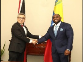 Minister of Foreign and CARICOM Affairs, Sean Sobers, greets Venezuelan Ambassador Álvaro Sánchez Cordero, during a courtesy call on Monday (Ministry of Foreign Affairs Photo) th June, 2025.