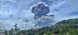 Plumes of ash billow from the La Soufrière volcano on the island of St. Vincent and the Grenadines which started erupting on 9th April. Photo taken by Navin Pato Patterson (UN)