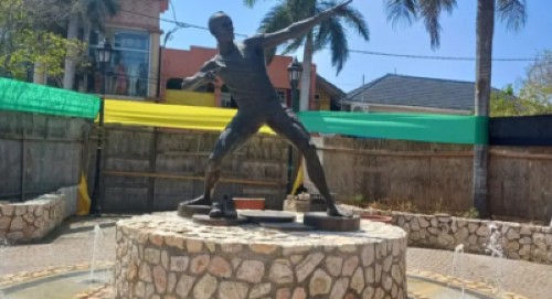 The statue of Usain Bolt at Falmouth’s historic Water Square