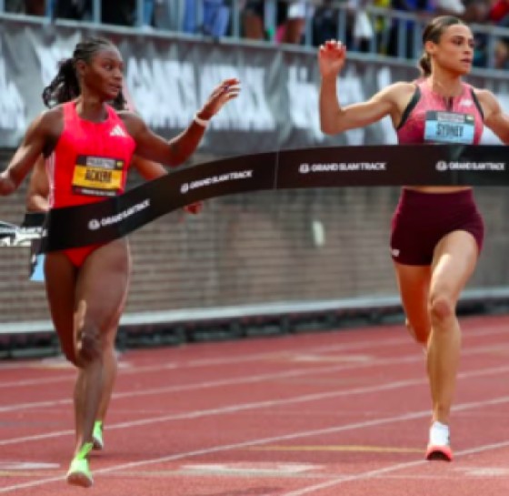 Despite the presence of the USA’s Sydney McLaughlin-Levrone, Jamaica’s Ackera Nugent (l)secured her second consecutive Slam Championship in the Women’s Short Hurdles. Photo: Grand Slam Track