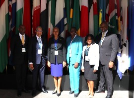 Finance Minister, Hon Fayval Williams (Center) along with members of her delegation at International Monetary Fund (IMF) World Bank Spring Meetings in Washington DC, from left to right are Senior deputy Governor of the bank of Jamaica Mr. Wayne Robinson, Governor of the bank of Jamaica Mr. Ricards Byles Financial secretary in the ministry of finance Ms. Darlene Morrison, Deputy Financial secretary in the ministry of finance Ms. Dian Black and Dr. Wayne Henry Director of the Planning Institute of Jamaica, ( Photo by Derrick Scott)